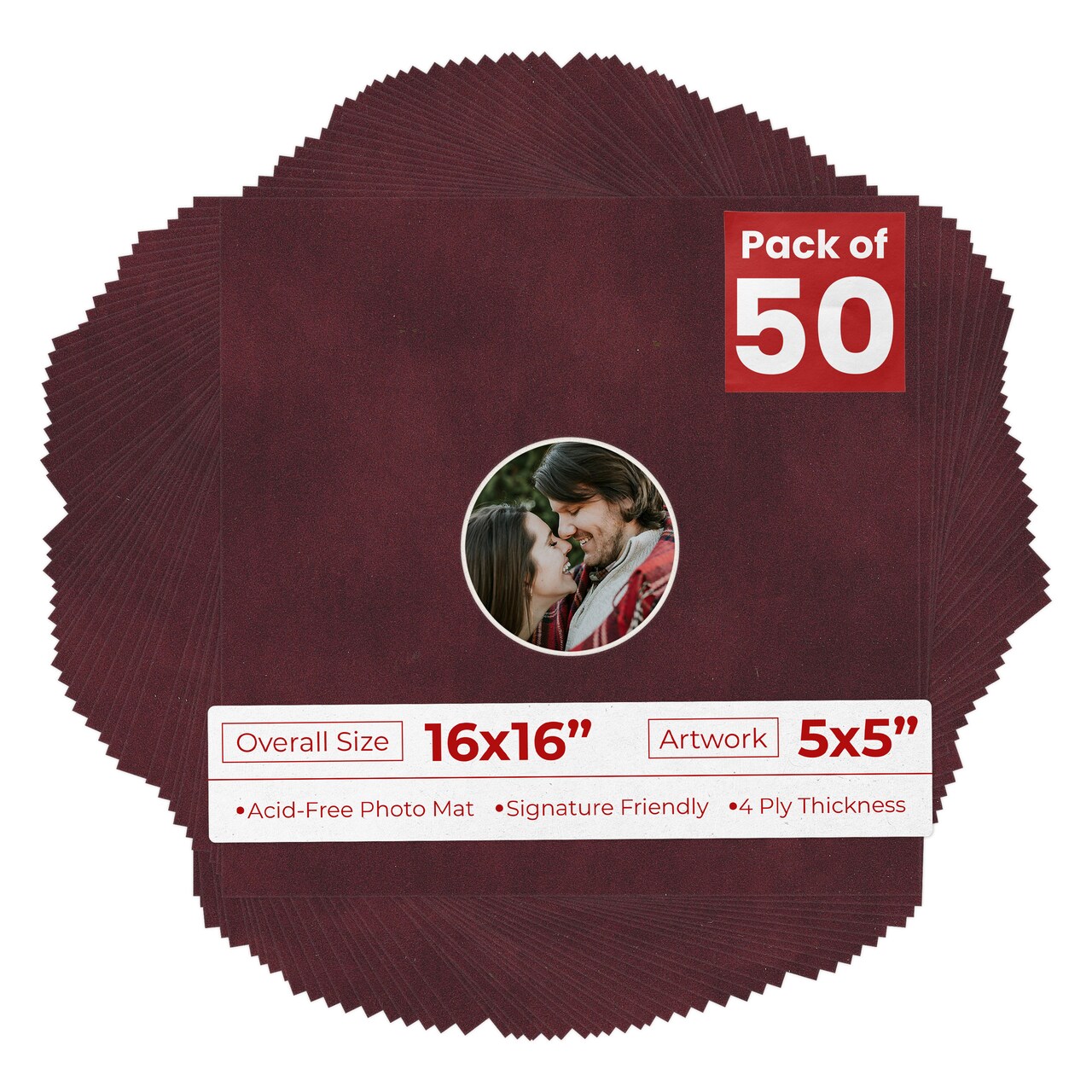 Dark Red Suede Mat Board for 16x16 Frames - Circle Opening for 5x5 Photos